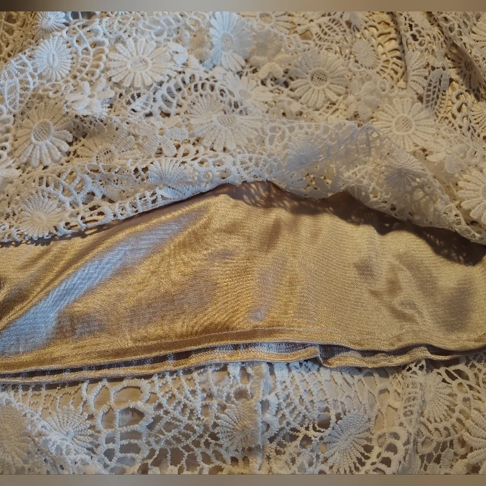 Lady Sharpely Maxi Dress, Vintage,White Lace Beige Lining, ZipUp, Short Sleeve,2 - Picture 12 of 14